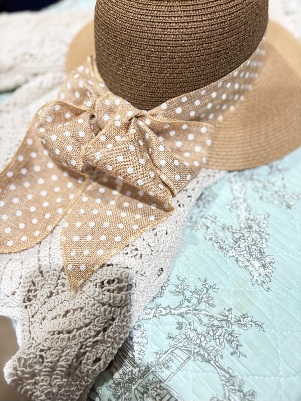 Pierre Cardin Tan Straw Sun Hat with White Polka Dot Band - Picture 9 of 11